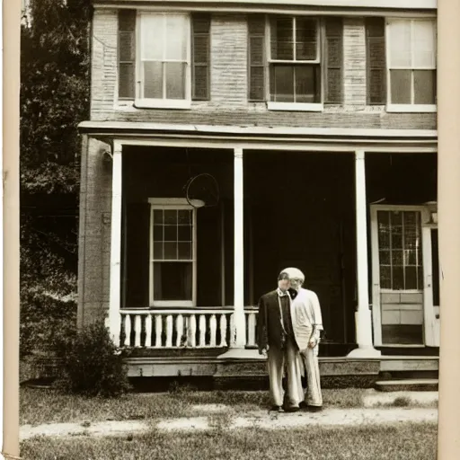 Image similar to a vintage photo of an old man and woman in front of an old house