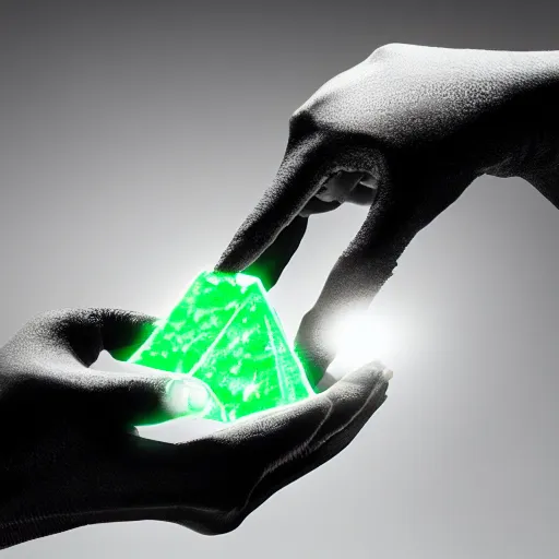 Image similar to a glowing shard of kryptonite held in an open black - gloved hand, black background