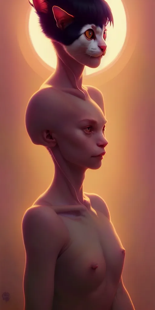 Image similar to portrait of humanoid cat, highly detailed vfx portrait, unreal engine, greg rutkowski, loish, rhads, beeple, makoto shinkai and lois van baarle, ilya kuvshinov, rossdraws, tom bagshaw, alphonse mucha, global illumination, detailed and intricate environment