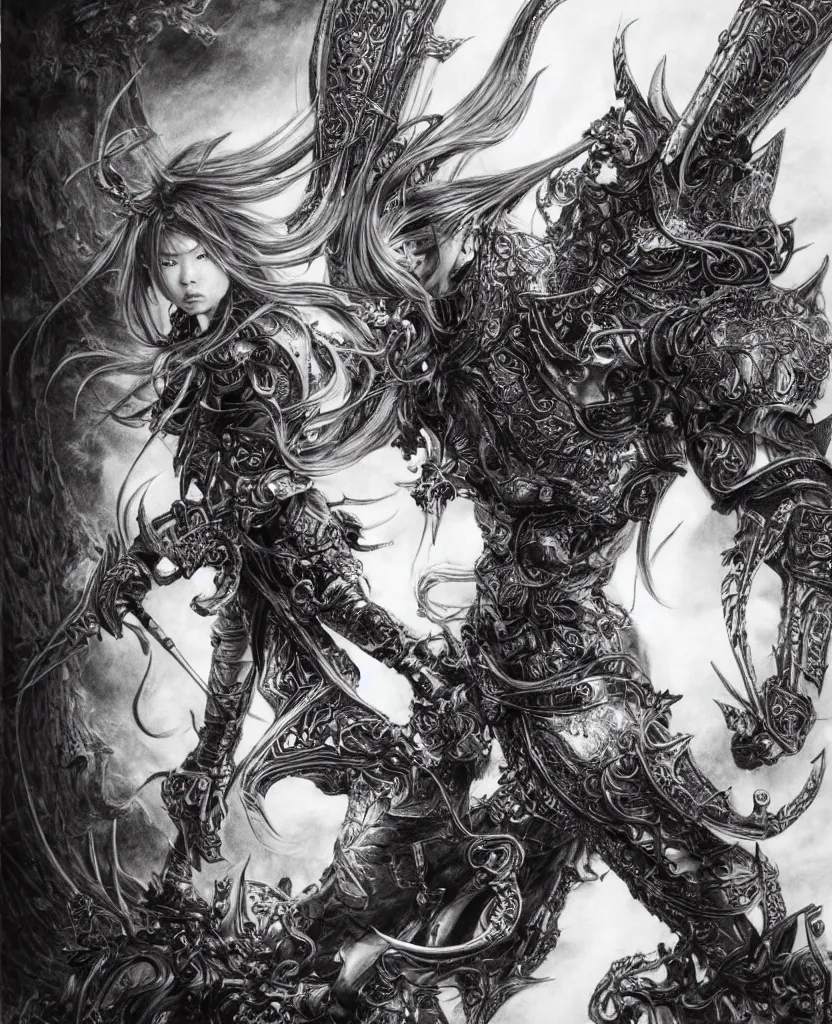 Image similar to hyper - realistic pencil drawing inspired by shinichi sakamoto of a fantasy warrior with hyper detailed and ornate art nouveau medieval armor, long hair twirling, very exaggerated fisheye perspective, art by yoshitaka amano and kojima ayami