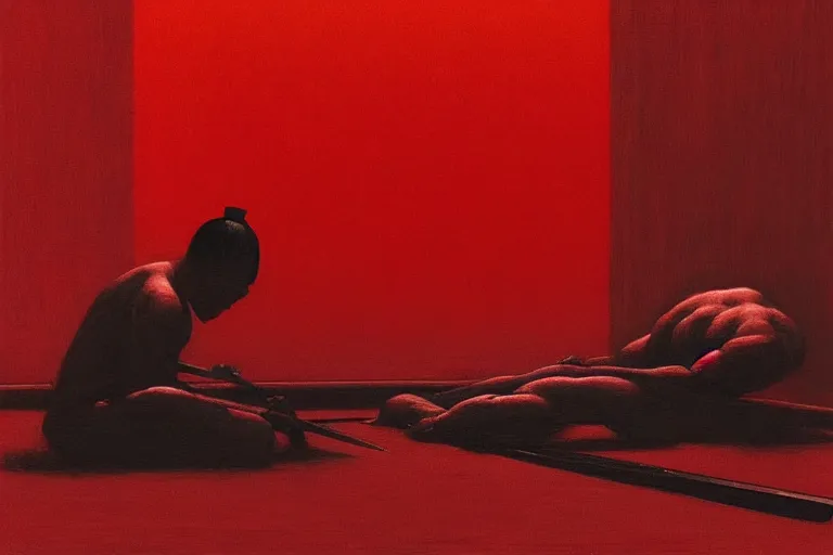 Image similar to only with red, a red samurai do seppuku, tokio, a lot of frogs watch, in the style of beksinski, parts by edward hopper, parts by rodcenko, parts by yue minjun, intricate and epic composition, red by caravaggio, insanely quality, highly detailed, masterpiece, red light, artstation, 4 k