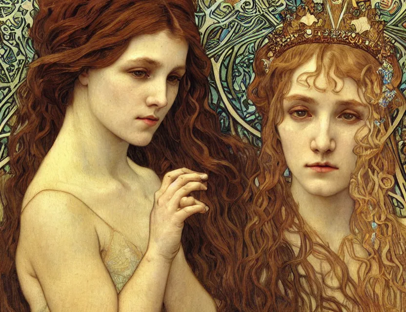 Image similar to detailed realistic beautiful young medieval queen face portrait by jean delville, alphonse mucha, vincent van gogh, and marco mazzoni, art nouveau, symbolist, visionary, gothic, pre - raphaelite
