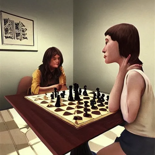 Image similar to 3 0 - year - old actress megan mccarthy playing chess against 3 0 - year - old actress nana visitor at world chess championship 1 9 8 4, digital art by ruan jia and mandy jurgens and artgerm, highly detailed, trending on artstation, award winning