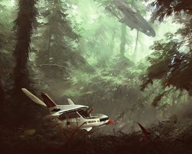 Image similar to a crashed airplane in a forest. By Makoto Shinkai, Stanley Artgerm Lau, WLOP, Rossdraws, James Jean, Andrei Riabovitchev, Marc Simonetti, krenz cushart, Sakimichan, trending on ArtStation, digital art.