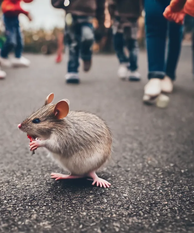 Image similar to high quality presentation photo of cute anthropomorphic mice eating cheese with small people walking around them, photography 4k f1.8 anamorphic bokeh 4k Canon Nikon