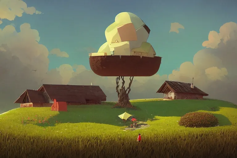 Image similar to surreal glimpse into other universe, floating island in the sky, a hut on a mound, summer morning, very coherent and colorful high contrast, art by gediminas pranckevicius, geof darrow, makoto shinkai, dark shadows, hard lighting