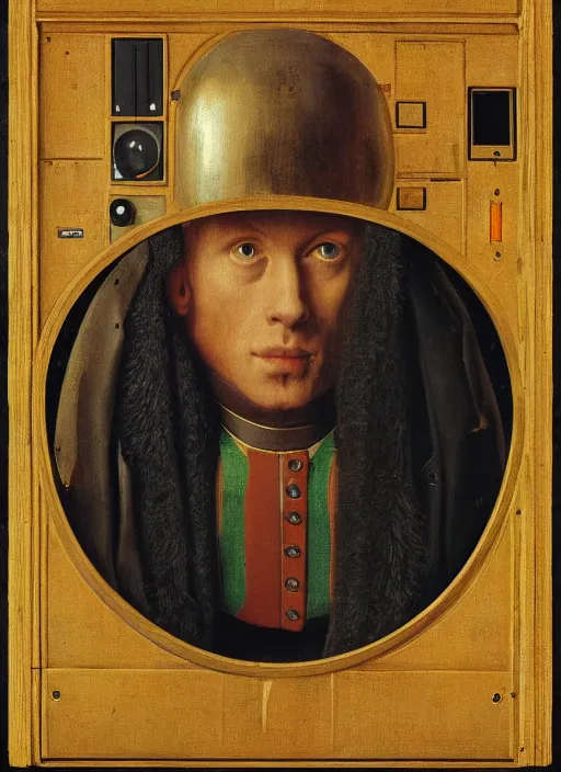 Prompt: a portrait of a cyborg jacked into their cyberdeck by Jan van Eyck