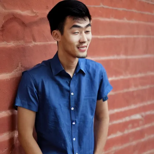 Prompt: 2 0 years old asian guy wearing blue blouse by folding his sleeves