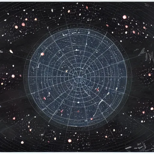 Image similar to ancient star map of a galaxy depicting alien Monsters and star formations