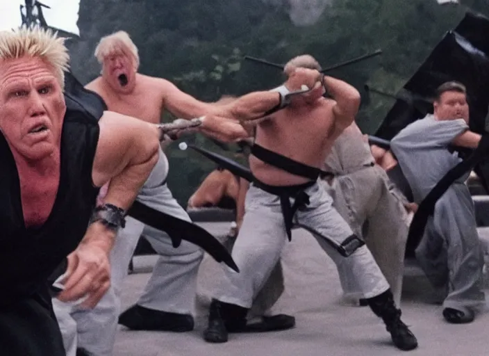 Image similar to film still of Gary Busey fighting Ninjas in the new Bloodsport movie, 8k