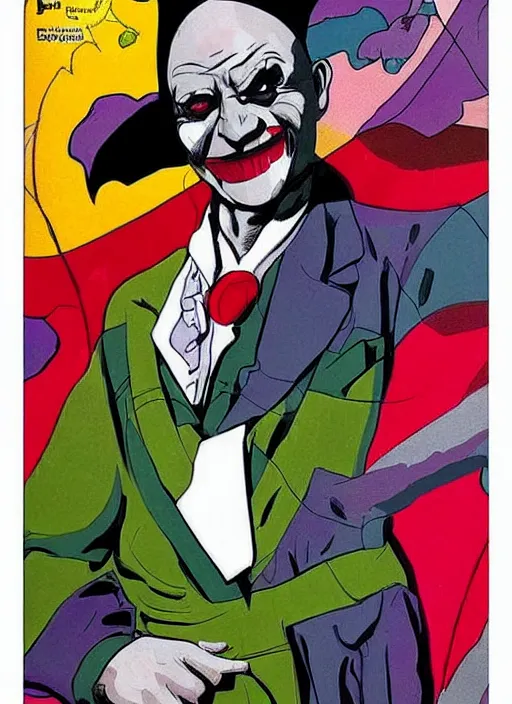 Prompt: Ghandi as the Joker from batman, comic book cover art, bright colourful, detailed, slightly sinister