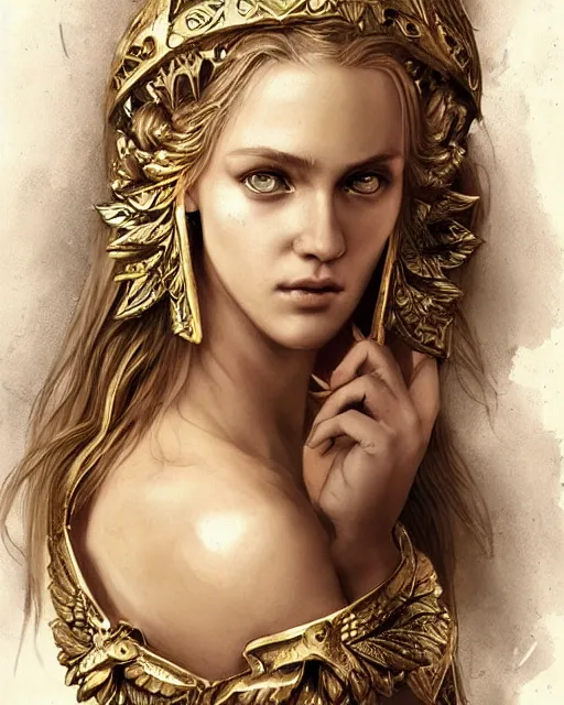 Image similar to beautiful aphrodite greek goddess wearing a golden laurel wreath and arrowhead earrings, hyper - realistic tattoo sketch, beautiful piercing eyes with sharp pupils, beautiful blonde hair, in the style of greg rutkowski, fantasy, amazing detail, epic, elegant, smooth, sharp focus