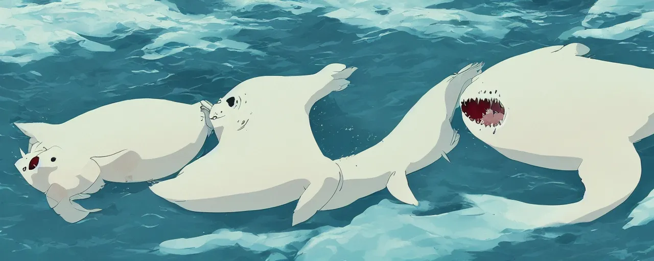 Prompt: piranhas devouring a baby harp seal, blood in the water, atey ghailan, goro fujita, studio ghibli, rim light, dark lighting, clear focus, very coherent