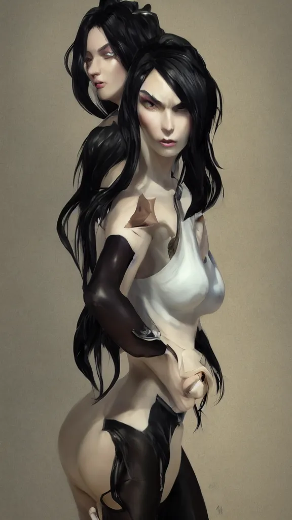 Prompt: tall woman with black hair and pale skin, from league of legends, as human, au naturel, hyper detailed, digital art, trending in artstation, cinematic lighting, studio quality, smooth render, unreal engine 5 rendered, octane rendered, art style by klimt and nixeu and ian sprigger and wlop and krenz cushart!