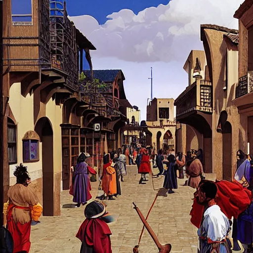 Prompt: people in the streets of Tordejas, the port capital of the Kingdom of Fuenia, in the year 1165. matte painting by James Gurney. gouache art by Angus McBride.