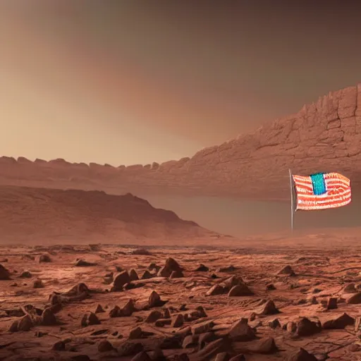 Prompt: overview photo of the sprawling colony on mars with the martian flag, photorealistic matte painting, concept art, hazy atmosphere