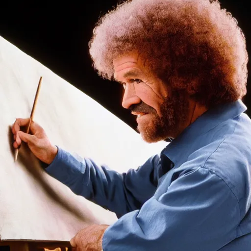 Image similar to a closeup photorealistic photograph of bob ross working on a canvas painting of batman and robin. film still. brightly lit scene. mountains and trees. this 4 k hd image is trending on artstation, featured on behance, well - rendered, extra crisp, features intricate detail, epic composition and the style of unreal engine.