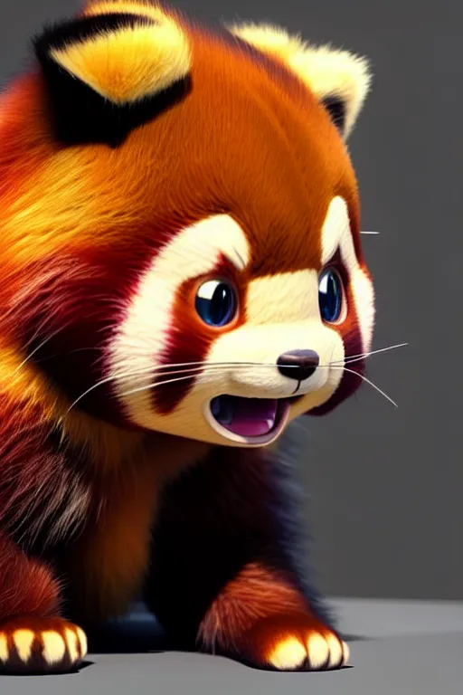 Image similar to high quality 3 d render hyperrealist very cute happy red panda & cat hybrid, vray smooth, detective pikachu, very dramatic light, low angle, uhd 8 k, shallow depth or field