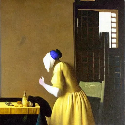 Image similar to Oil painting The Ghost of Vermeer of Delft Which Can Be Used As a Table by Salvador Dali