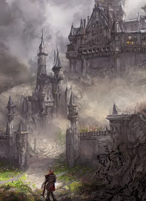 Prompt: huge and intricate castle in background, sword stuck in the dirt in the foreground, concept art