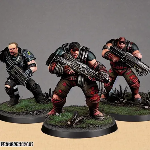 Prompt: gears of war characters as warhammer tabletop figurines t