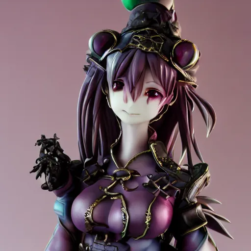 Prompt: by Yoshitaka Amano, by Johanna Martine , by Good Smile Company, detailed resin anime sculpture of a 26yo female jester necromancer wearing a skull hat, close up dslr studio photograph, headshot, portrait, artstation, sci fi futuristic costume, mysterious temple setting, grim lighting