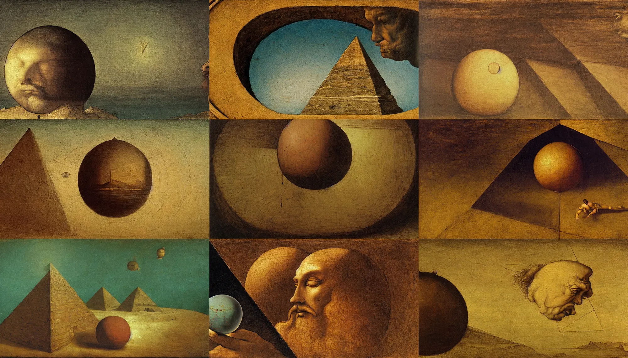 Prompt: an oil painting of a large man staring at a sphere slowly rolling off the side of a pyramid, underwater, sideview, by leonardo da vinci, using the degrade technique