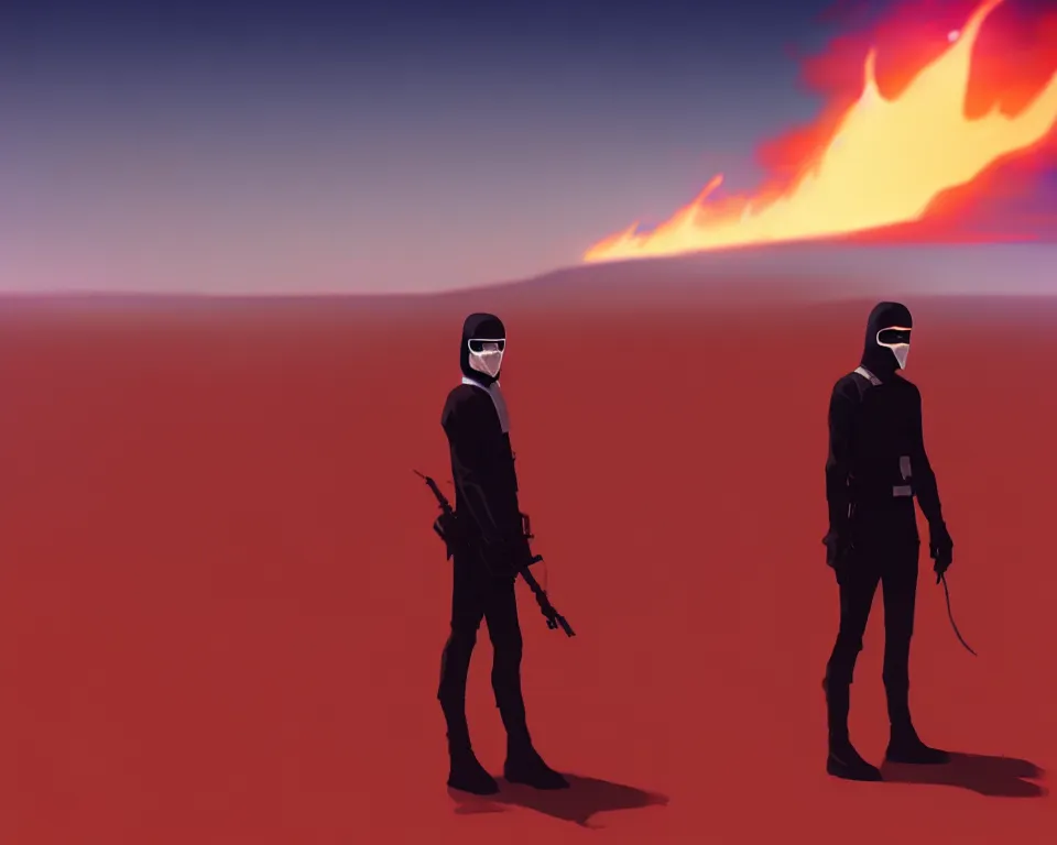 Image similar to white masked man in front of burning desert, by ilya kuvshinov, greg rutkowski and makoto shinkai, trending on artstation