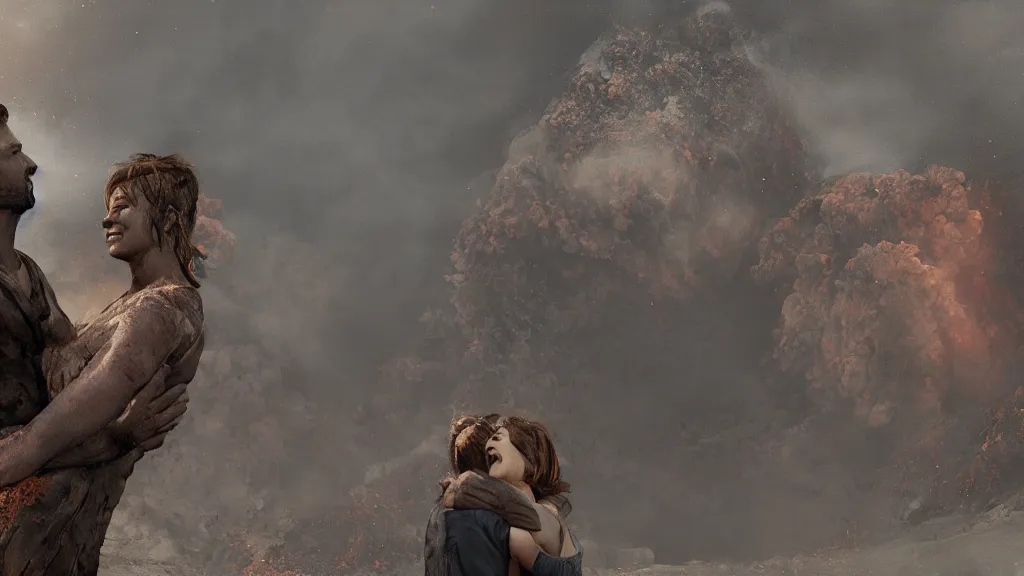 Prompt: a man and a woman hugging during the eruption of pompeii, behance, 8k featured in artstation, cinematic,, sharp focus, very detailed, volumentric lighting