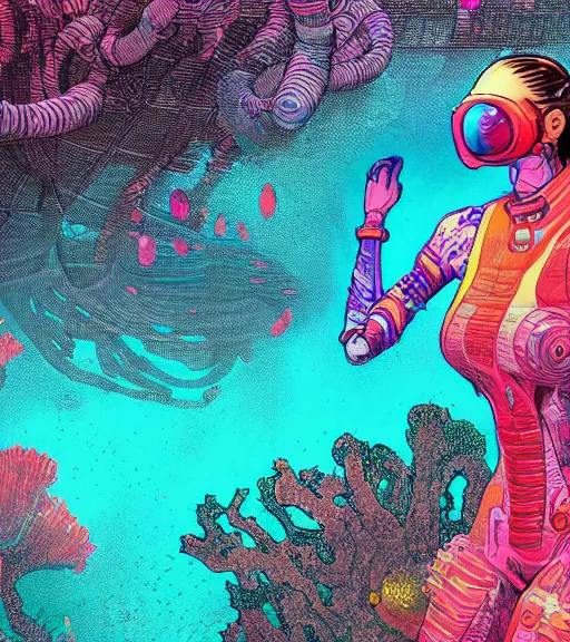 Prompt: an asian cyberpunk woman swims through a vibrant dark alien coral reef, Industrial Scifi, detailed illustration, character portrait, by Martin Grip and Moebius