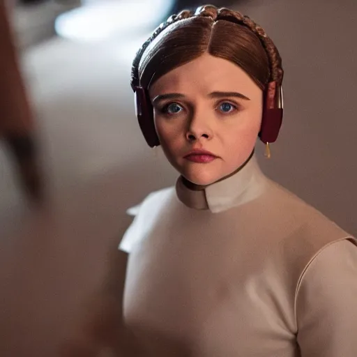 Image similar to Adult Chloe Moretz as Princess Leia, XF IQ4, 150MP, 50mm, F1.4, ISO 200, 1/160s, natural light