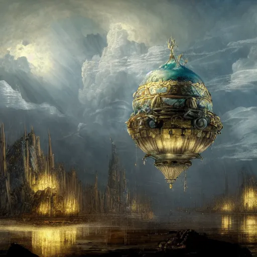 Image similar to enormous flying city in a faberge egg, sky, steampunk, fantasy art, masterpiece, hugh ferriss, unreal engine, peder balke, andreas achenbach cloudy background