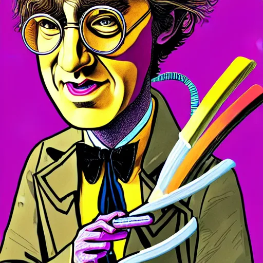 Image similar to graphic illustration, creative design, harry potter as willy wonka, biopunk, francis bacon, highly detailed, hunter s thompson, concept art