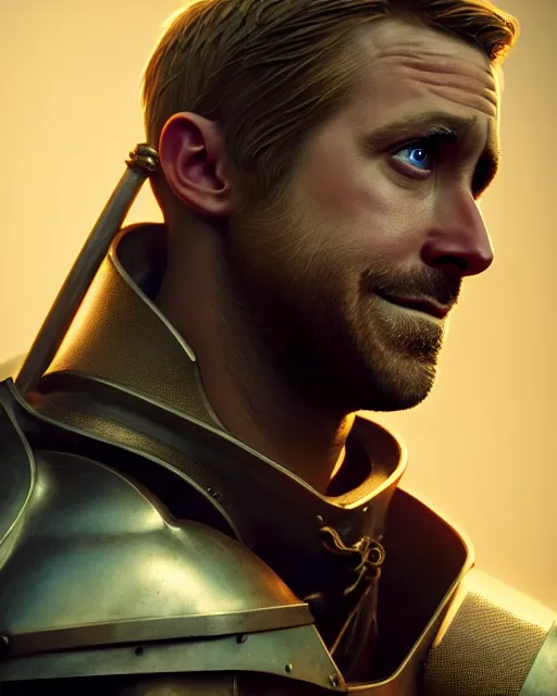 Prompt: portrait of ryan gosling and jake gyllenhaal as medieval knights rendered in unreal engine 5, by wlop, greg rutkowski, and peter mohrbacher, octane render, ultra high detail, 3 d, extremely detailed shading, concept art, character design, trending on artstation, atmosphere, glow, cinematic lighting, full of color