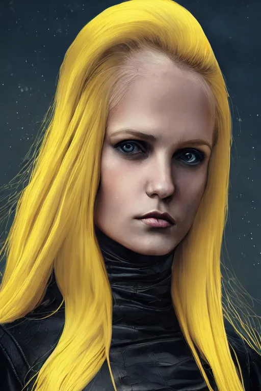 Prompt: girl with yellow hair in a black leather dress in a medieval city, digital art, character art, close - up, beautiful girl, by artgerm, by greg rutkowski, by wlop, photorealism, octane render, cinematic