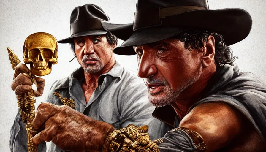 Image similar to sylvester stallone as indiana jones holding a whip in left hand and holding a golden mayan skull in the right hand, grey background, hyperdetailed, artstation, cgsociety, 8 k