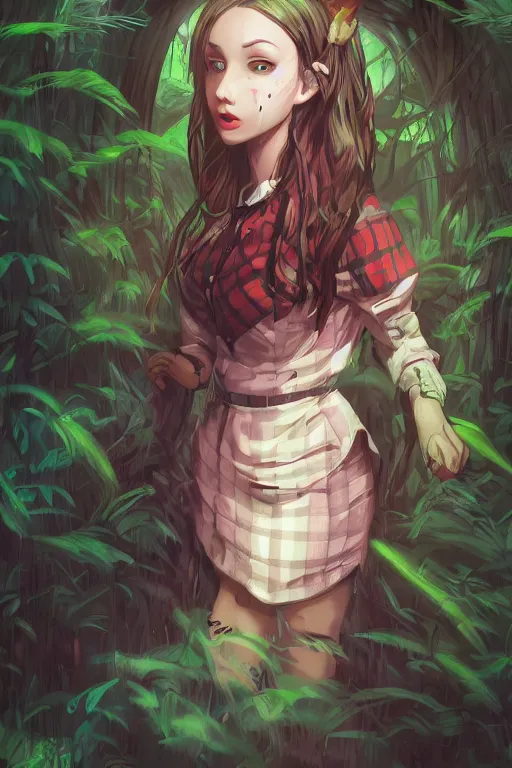 Prompt: girl in a dark forest, detailed plaid miniskirt, beautiful upper body, detailed face portrait, by dan mumford, anime style, octane render, trending on artstation