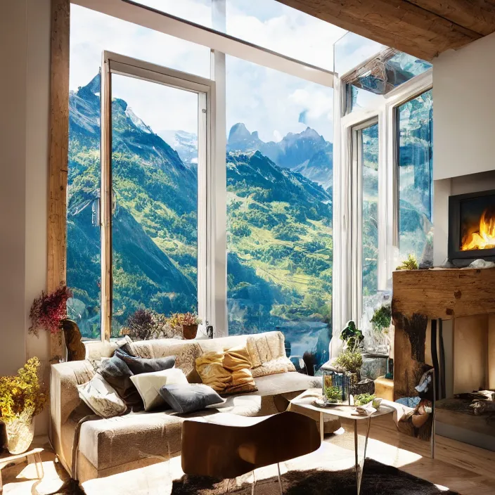 Image similar to fantastical living room with switzerland landscape in the window