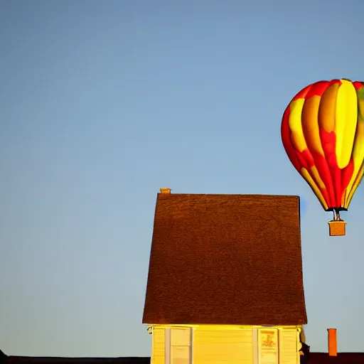 Image similar to flying house with a balloon, golden hour, light colors,