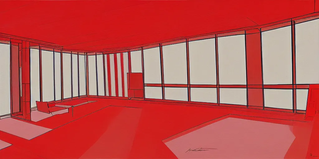 Image similar to modernist interior, seen from above, by René Laloux, line brush, red, plain background