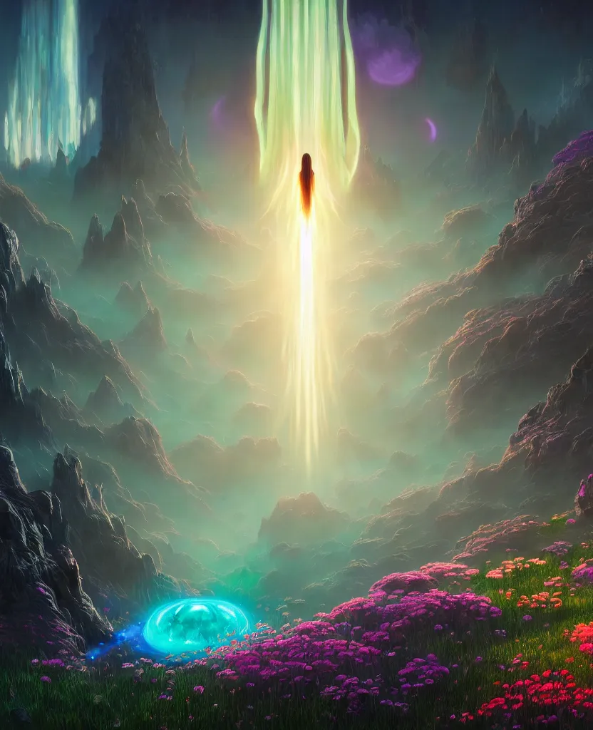 Image similar to spiritual evolution by albert bierstadt, anime cgsociety flowers nature bio shock at dawn at dusk meadow tron matte painting studio ghibli alien futuristic cosmic poppy wilderness fantasy liberty city bladerunner 2 0 4 9 fisheye azeroth, archdaily, wallpaper, highly detailed, trending on artstation.