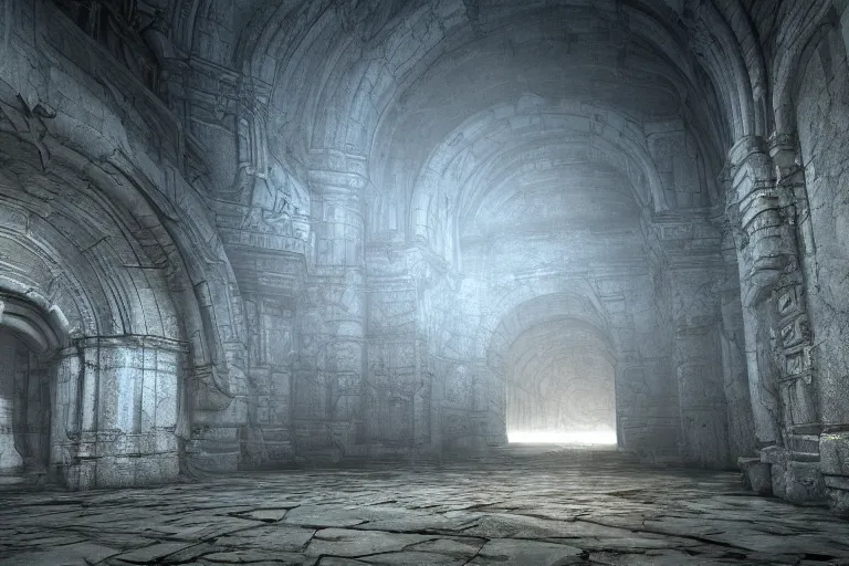 Image similar to vast dungeon, liminal space, realistic fantasy render