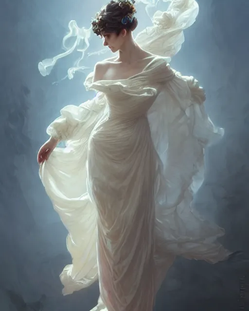 Image similar to woman dressed in a vaporous wrapped large victorian cream roses silk semi-transparent dress fashion is running D&D, fantasy, intricate, elegant, highly detailed, digital painting, artstation, concept art, matte, sharp focus, illustration, art by Artgerm and Greg Rutkowski and Alphonse Mucha