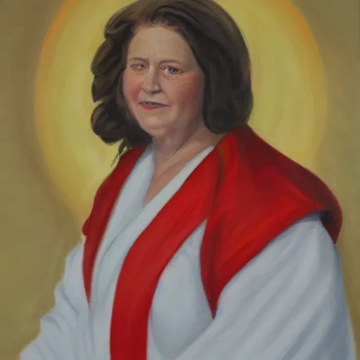 Prompt: a full portrait painting of marjorie taylor greene wearing white robes. red arm band.