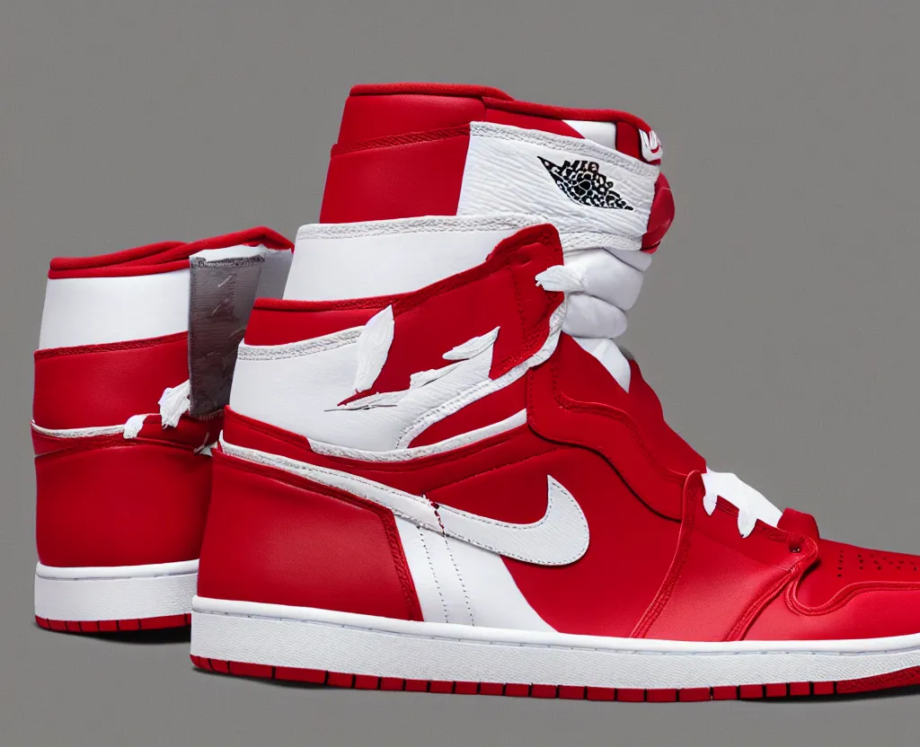 Image similar to a press photograph of nike air jordan 1 high red and white, size 1 0, white background