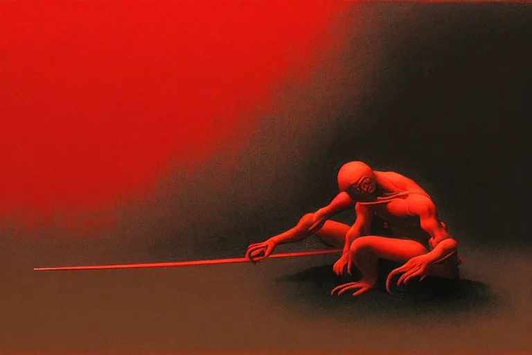 Image similar to only with red, a red samurai do seppuku, tokio, a lot of frogs watch, in the style of beksinski, parts by edward hopper, parts by rodcenko, parts by yue minjun, intricate and epic composition, red by caravaggio, insanely quality, highly detailed, masterpiece, red light, artstation, 4 k