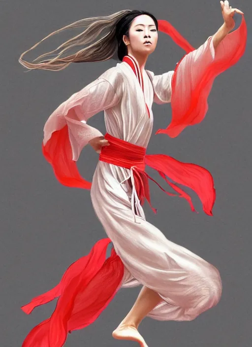 Image similar to full body portrait of a dancer throwing silk belts, feet, barefoot, full body, tanned, vivacious, extremely beautiful, hanfu, chinese ribbon dance, wide ribbons, silk belt, wuxia, martial arts, ming dynasty, detailed, realistic face, anatomically accurate, fantasy illustration, dnd, artstation, wlop.