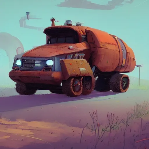 Image similar to concept art of a rusty sci - fi truck, trending on conceptartworld, by simon stalenhag