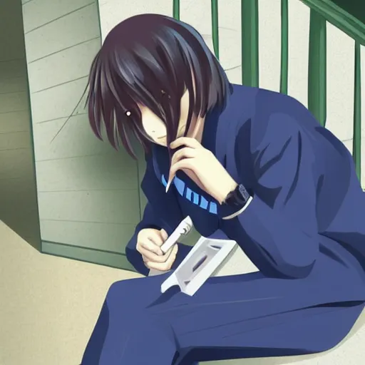 Image similar to high schooler wearing a school uniform sitting on concrete steps, smoking a cigarette, digital art, detailed, anime