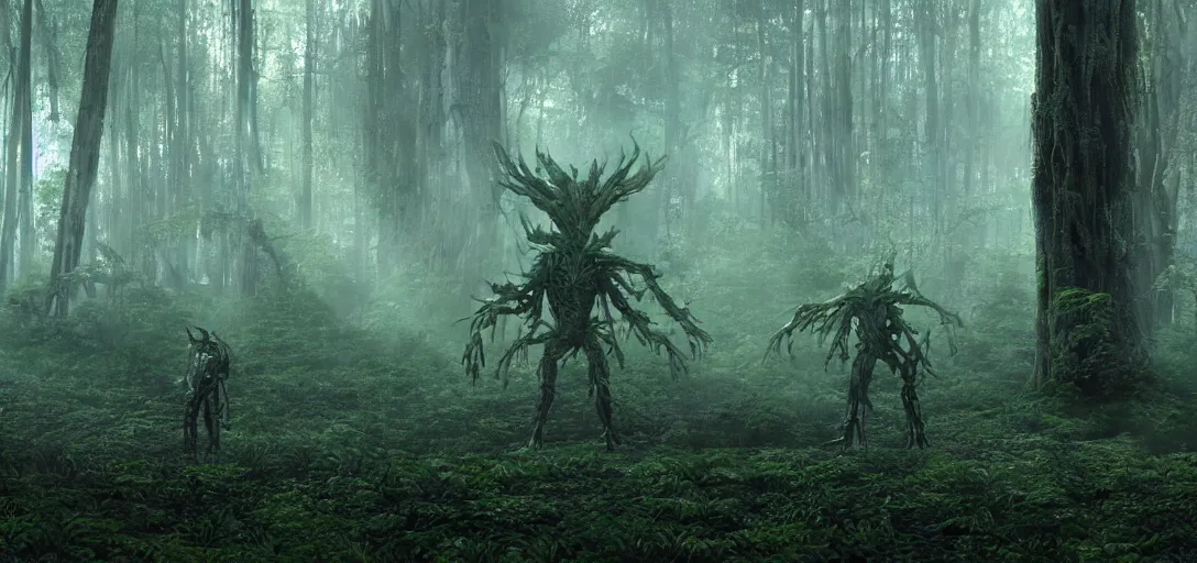 Image similar to a complex organic fractal 3 d metallic symbiotic ceramic humanoid megastructure creature in a swampy lush forest, foggy, sun rays, cinematic shot, photo still from movie by denis villeneuve, wayne barlowe